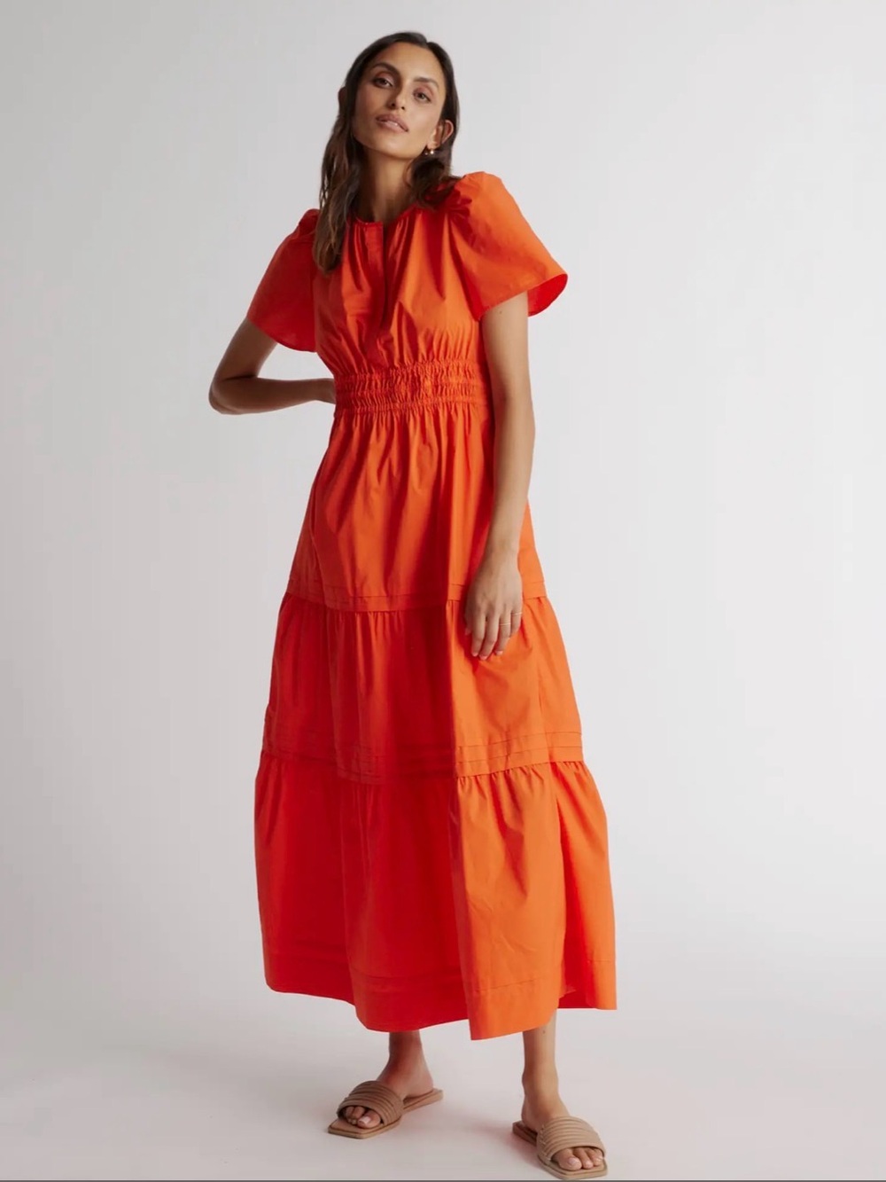 Quince Bright Orange Tiered Maxi Dress with Smocked Waist
